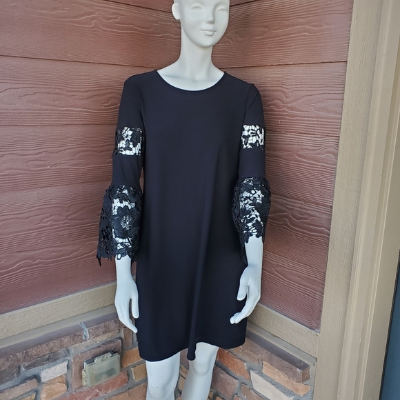 Alfani Lace Sleeve Pullover Midi Dress Size 8 Women's Black Stretch A-Line NWOT - Picture 10 of 16